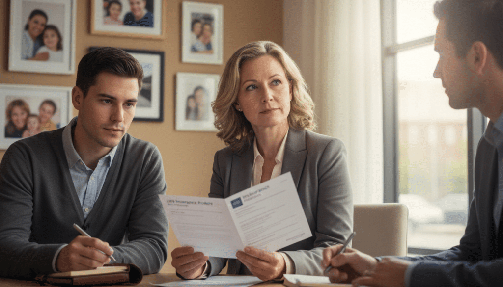 A close-up scene featuring a diverse group of beneficiaries in a warm, comforting office environment. In the foreground, a middle-aged woman in professional attire, looking thoughtful and contemplative, holding a life insurance document. Next to her, a younger man in smart casual clothing, listening intently and taking notes. In the background, a wall with framed family photos and a window showcasing soft, natural lighting that illuminates the scene. The atmosphere is one of trust and understanding, reflecting a sense of security amidst financial discussions. The composition should evoke feelings of hope and support, with a soft focus on the background elements to emphasize the characters and their connection to the topic.