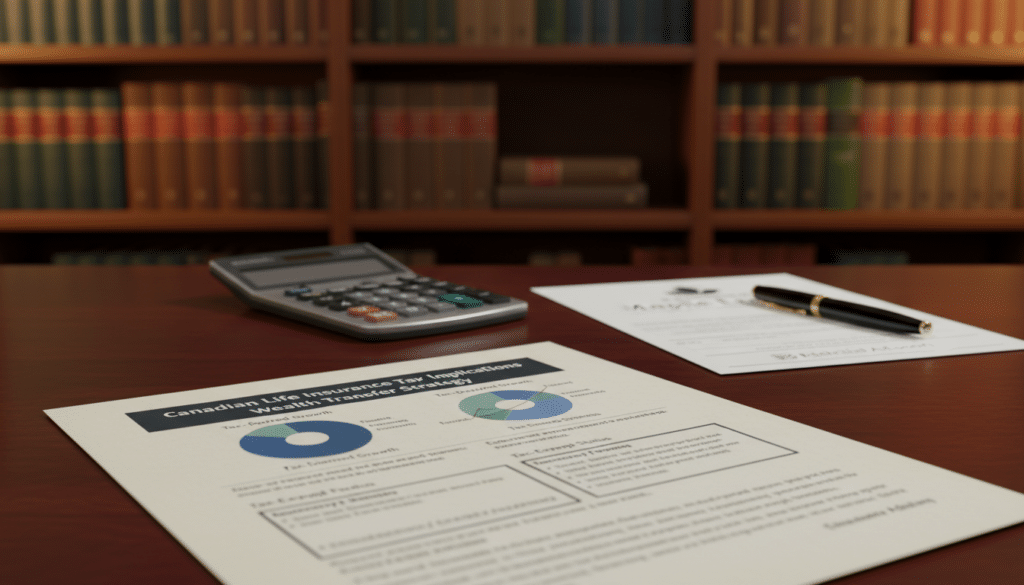 A detailed and professional life insurance policy document prominently displayed in the foreground, featuring clear headings and graphs illustrating tax implications. In the middle, a polished wooden desk with a calculator, a pen, and a financial statement, symbolizing financial planning. In the background, soft-focus shelves lined with books on finance and tax laws, with warm, ambient lighting to create a serious but approachable atmosphere. The scene should convey a feeling of security and professionalism, suitable for an informative article on tax and life insurance in Canada. The camera angle should be slightly elevated, capturing the entire setup with a depth of field that emphasizes the policy document.