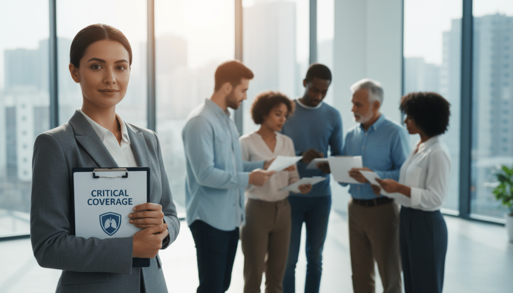 A detailed illustration of a critical illness insurance theme. In the foreground, a confident and professional-looking businesswoman in a tailored suit, holding a clipboard, symbolizing the insurance aspect. In the middle ground, a diverse group of individuals, representing various age groups and backgrounds, engaged in discussion and reviewing medical paperwork, illustrating the coverage of different health conditions. The background features a modern office environment with large windows, allowing natural light to flood in, creating a bright and optimistic atmosphere. The scene is shot from a slightly elevated angle, capturing the interactions and expressions of the subjects, conveying a mood of professionalism and hopefulness regarding health security and financial planning. - Critical Illness Insurance Quote