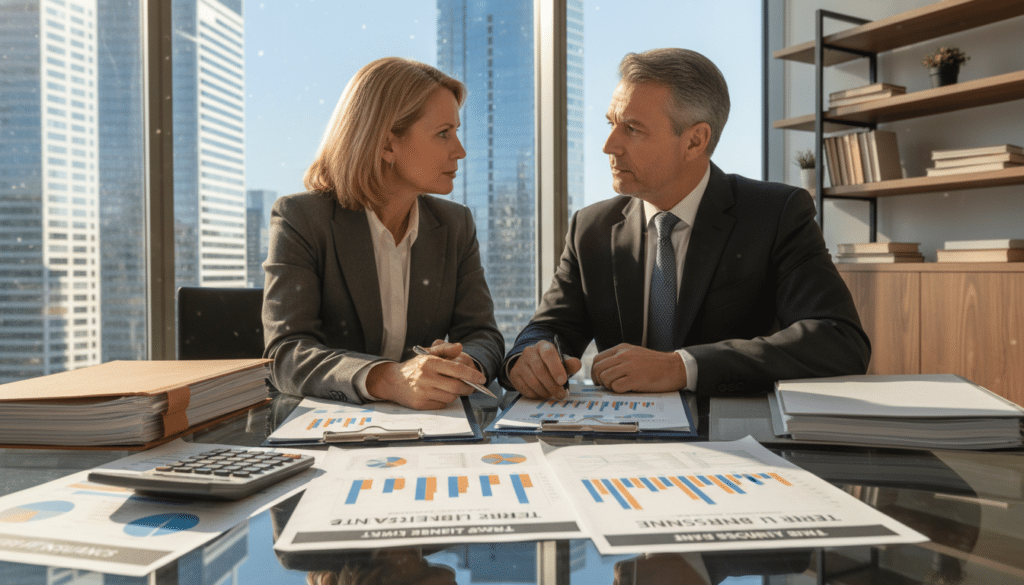 A professional business setting depicting a middle-aged couple sitting at a sleek, glass table filled with paperwork and charts about term life insurance. The foreground features neatly organized documents highlighting benefits and coverage, with a calculator and a pen. In the middle, the couple appears engaged in discussion, dressed in smart business attire, showing expressions of focus and determination. The background includes a large window with natural light streaming in, revealing a cityscape that symbolizes security and stability. The mood is serious yet hopeful, with warm lighting enhancing the optimistic atmosphere of planning for the future. The composition is shot from a slight angle, capturing both the couple's conversation and the valuable materials on the table.
