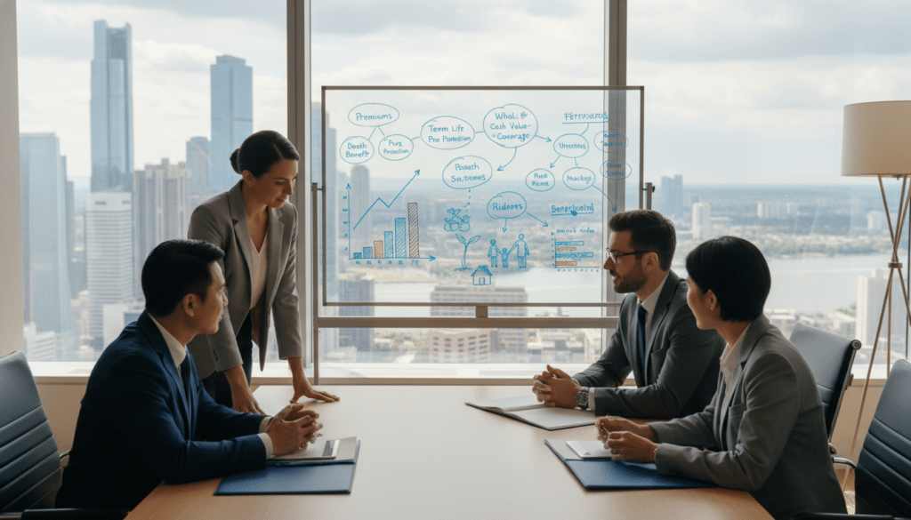 A professional, modern office environment serves as the backdrop, featuring a large window with natural light flooding the room. In the foreground, a diverse group of four professionals—two men and two women—are engaged in a discussion around a sleek conference table, all dressed in smart business attire. They are surrounded by documents and financial charts that illustrate term insurance and life insurance concepts. The middle ground displays a whiteboard with key terms and doodles related to insurance, while the background features a city skyline through the window, suggesting a sense of reliability and growth. The overall mood is collaborative and focused, with a warm and inviting atmosphere enhanced by soft lighting. The image conveys professionalism and clarity, perfectly embodying the theme of life insurance.