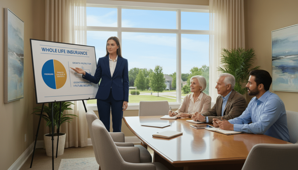 A serene office setting filled with natural light, showcasing a professional business environment. In the foreground, a confident financial advisor in a well-fitted suit gestures towards an illustrated board displaying the concepts of whole life insurance, including visual elements like a pie chart of premiums and benefits. The middle ground features a diverse group of clients, dressed in smart casual attire, attentively discussing their financial plans, with expressions of understanding and engagement. In the background, large windows reveal a tranquil suburban landscape, symbolizing stability and longevity. The atmosphere is uplifting and informative, with a warm color palette that conveys trust and security. Soft lighting enhances the professional vibe, creating a welcoming space for financial discussion.