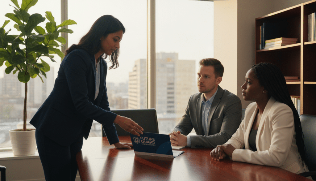 A serene office setting with a financial advisor discussing life insurance options with a couple. In the foreground, the advisor, a South Asian woman in professional attire, gestures toward a brochure on a polished wooden table. The couple, a Caucasian man and a Black woman, are sitting across from her, attentively listening. In the middle of the frame, a window showcases a Canadian city skyline, bathed in warm afternoon light, creating an optimistic atmosphere. Soft natural light floods the room, highlighting the seriousness of their discussion while maintaining a sense of hope. The background features a bookshelf filled with finance books and a potted plant, adding to the professional yet inviting ambiance. The overall mood conveys security, trust, and preparation for the future.