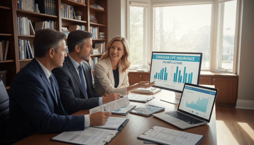 A thoughtful and informative scene in a well-lit office setting, emphasizing the theme of financial planning. In the foreground, a middle-aged couple, dressed in professional business attire, reviews life insurance documents with a financial advisor, who is providing them with guidance, displaying a friendly demeanor. The advisor points to a chart illustrating tax implications in a clear yet visually appealing way. In the middle ground, a wooden desk is adorned with financial reports and a laptop displaying graphs related to life insurance. The background features bookshelves filled with financial literature and a window allowing natural light to pour in, casting soft shadows that create a warm and inviting atmosphere, suggesting reflection and understanding. The overall mood is one of clarity and professionalism, emphasizing the importance of informed decision-making regarding life insurance in Canada.
