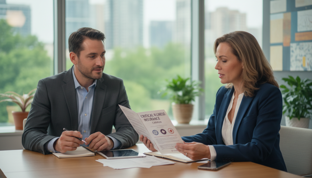 An informative and visually engaging illustration depicting the concept of critical illness insurance cost. In the foreground, place a professional-looking financial advisor, dressed in business attire, analyzing a worksheet filled with premium ranges and service inclusions, using a calculator. In the middle ground, show a variety of financial documents and charts that visualize cost breakdowns, with colorful graphs showing current trends and comparisons. The background should feature a modern office setting, with soft, diffused lighting that creates a warm and professional atmosphere. Use a slight depth of field to keep the focus on the advisor and documents while softly blurring the background. The overall mood should be one of professionalism, expertise, and clarity, inviting the viewer to understand critical illness insurance costs. critical illness insurance cost