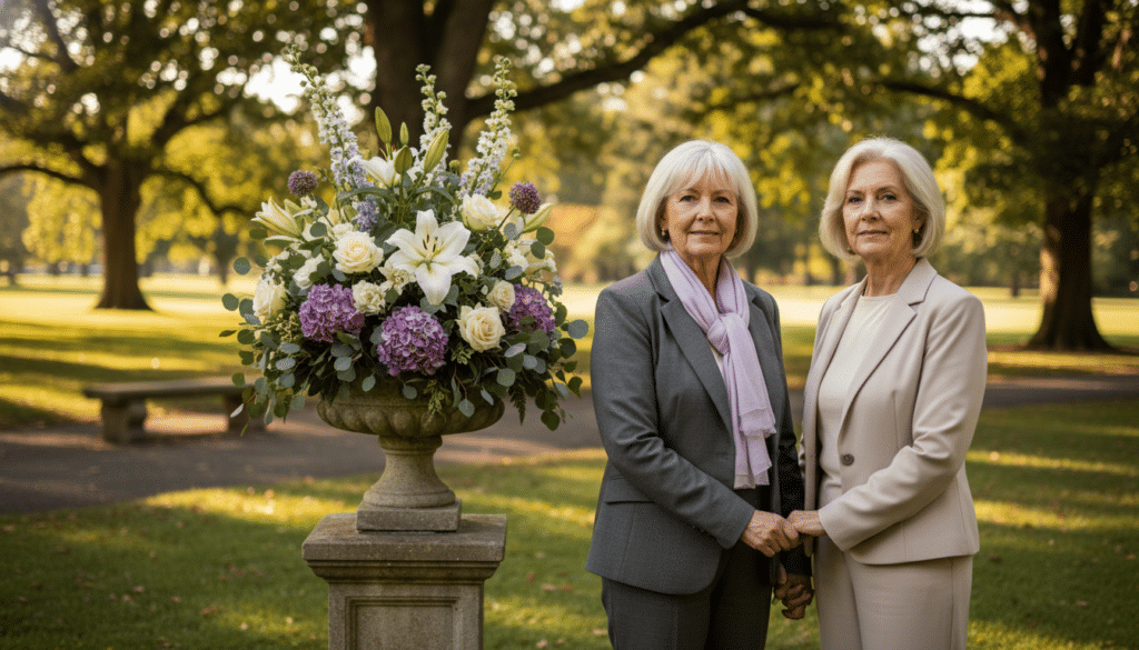 A serene and respectful outdoor setting representing the theme of funeral insurance. In the foreground, a well-dressed elderly couple holds hands, conveying a sense of support and understanding. The middle ground features a beautifully arranged floral display, symbolizing the emotional aspect of funerals, with soft, warm colors like lavender and white. The background showcases a peaceful park with gentle sunlight filtering through tall trees, creating a calming atmosphere. The scene is framed from a slightly elevated angle to capture both the couple and the floral display, enhancing depth. The overall mood is one of tranquility, reflection, and care, highlighting the importance of planning for funeral costs in a dignified manner.