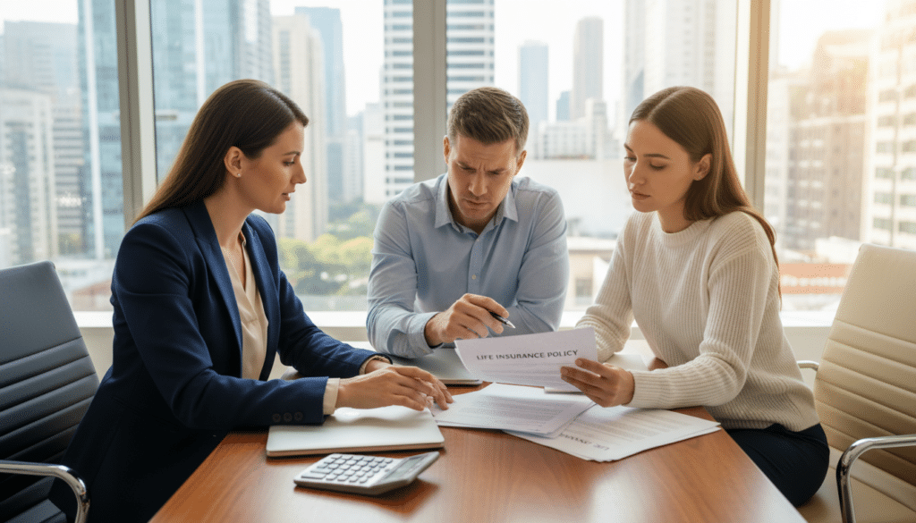 A professional financial advisor in formal business attire is sitting at a desk in a bright, modern office, engaged in a thoughtful discussion with a couple. The couple, dressed in smart casual clothing, displays a mix of curiosity and concern as they examine a life insurance policy document. On the desk, alongside the documents, are a laptop and a calculator, symbolizing financial planning. In the background, large windows overlook a vibrant cityscape, suggesting stability and growth. The lighting is warm and inviting, creating an atmosphere of trust and clarity. The scene captures the essence of making informed financial decisions, emphasizing the role of life insurance in a person's financial well-being. - how does life insurance work in canada